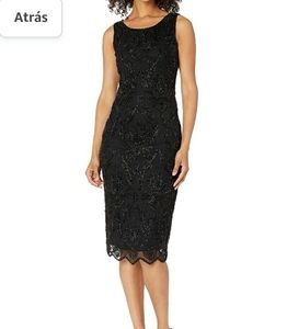 PISARRO NIGHTS MIDDY BOAT NECK FULLY BEADED COCKTAIL DRESS.